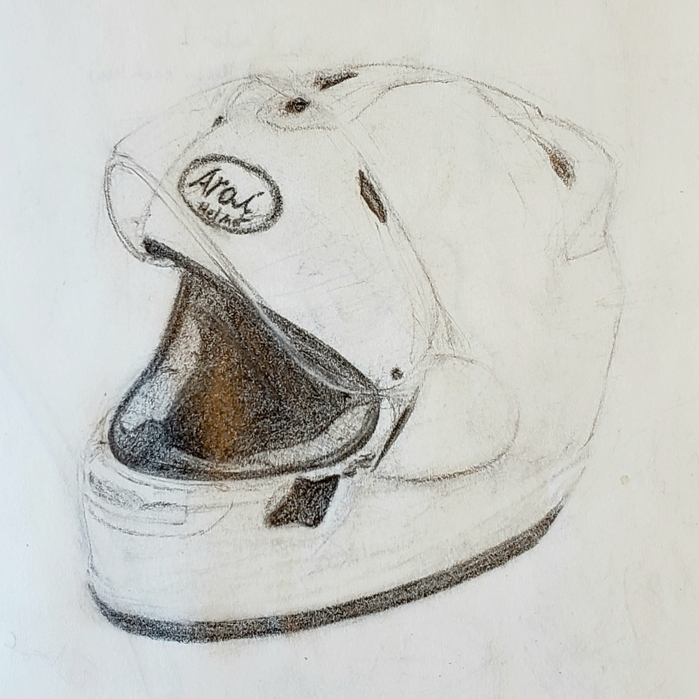 Sketch of an Arai motorcycle helmet in pencil